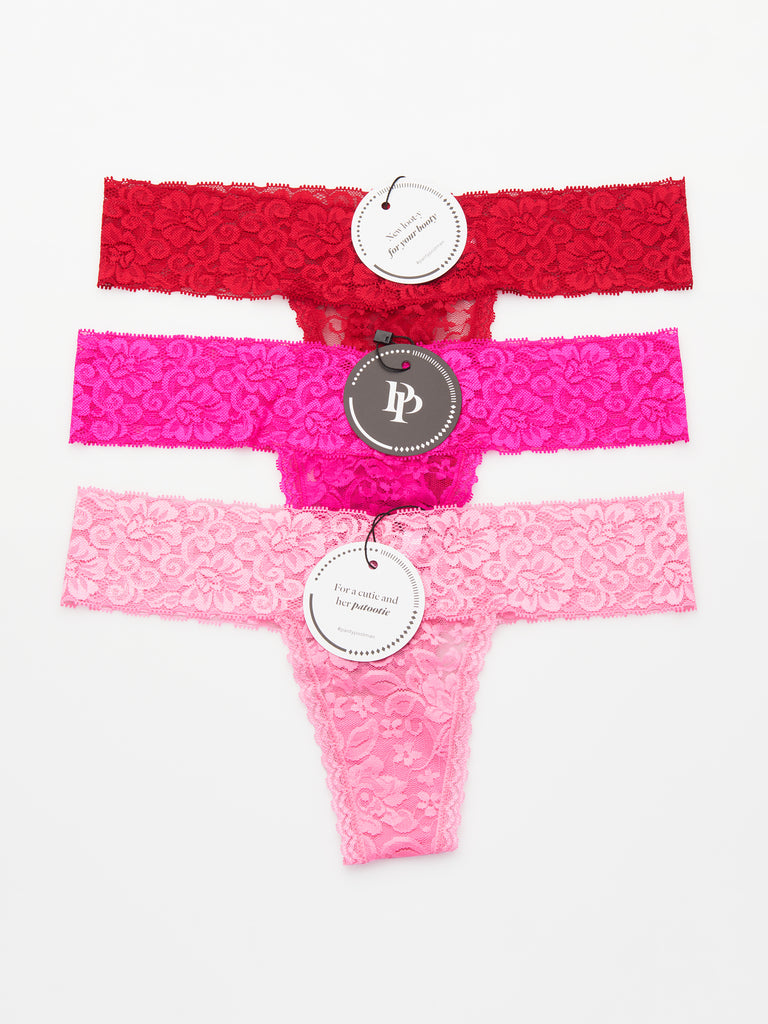 Set of 3 Lace Thongs //Red, Hot Pink & Candy Pink