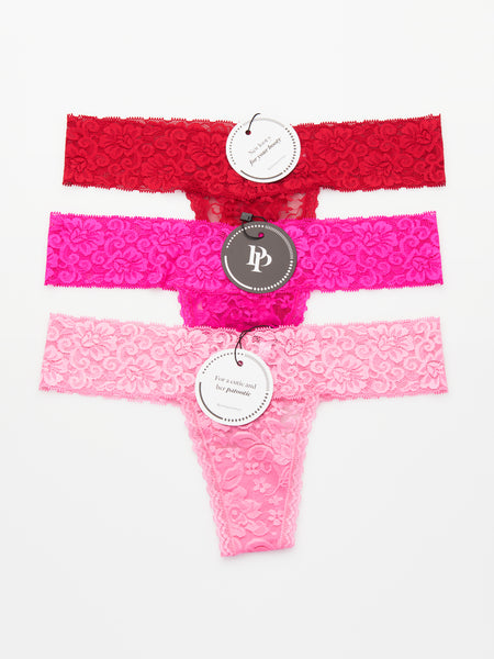 Set of 3 Lace Thongs //Red, Hot Pink & Candy Pink